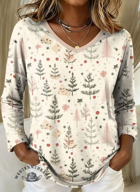 Women's Christmas Print Casual V-neck Long Sleeve T-shirt