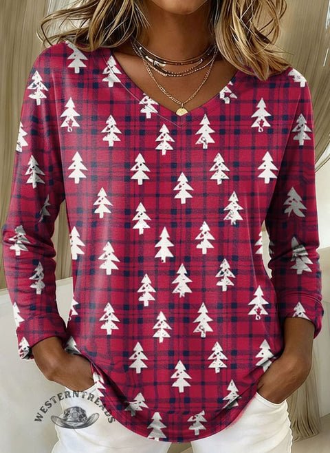 Women's Christmas Print Casual V-neck Long Sleeve T-shirt