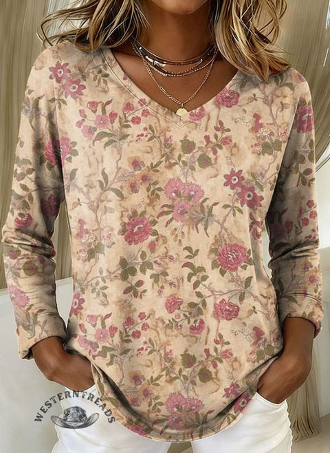 Women's Floral Print Casual V-neck Long Sleeve T-shirt