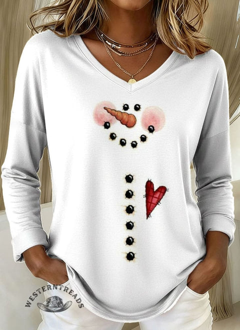 Women's Christmas Print Casual V-neck Long Sleeve T-shirt