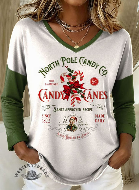 Women's Christmas Print Casual V-neck Long Sleeve T-shirt