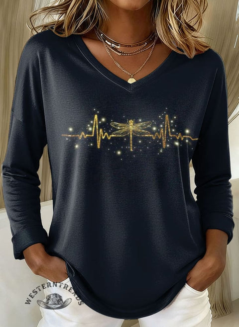 Women's Dragonfly Print Casual V-neck Long Sleeve T-shirt