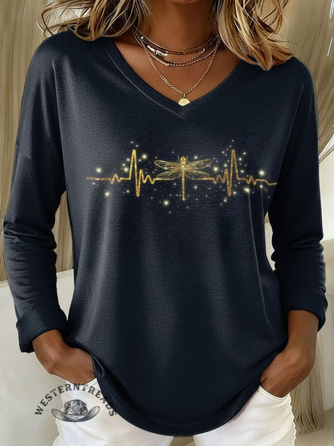 Women's Dragonfly Print Casual V-neck Long Sleeve T-shirt