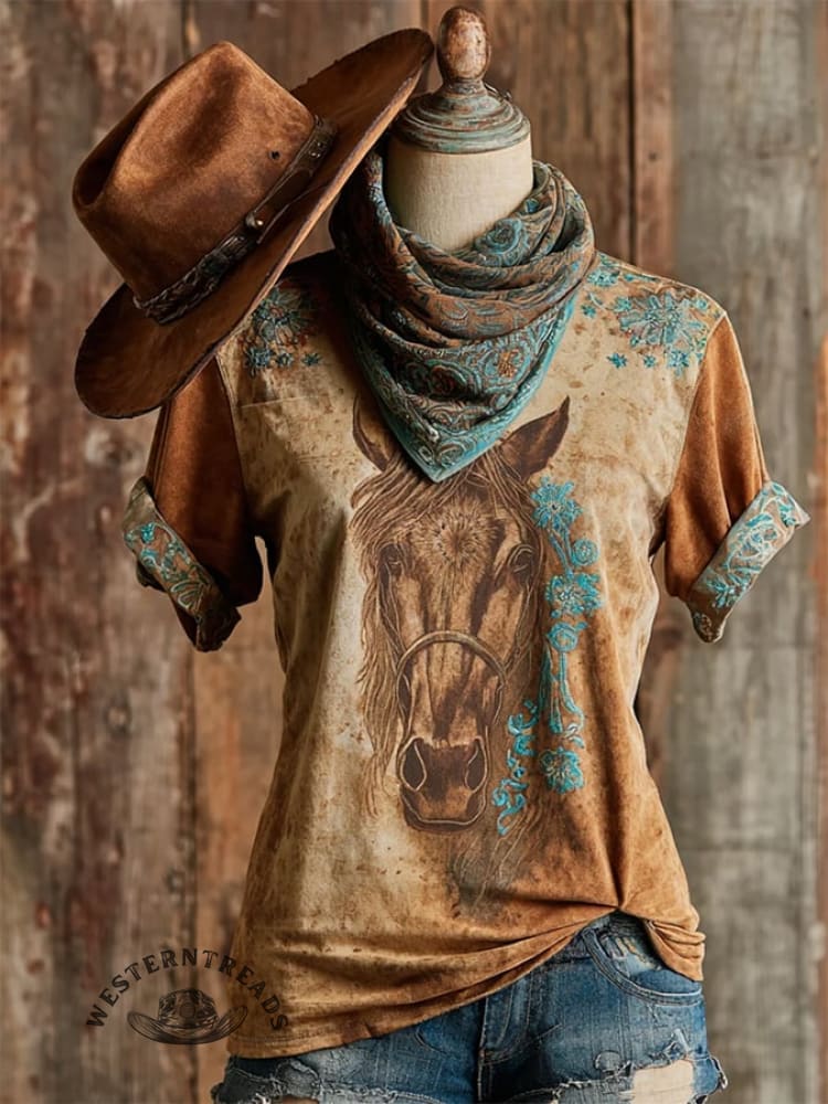 Women's Casual Vintage Western Horse Design Printed Crew Neck T-Shirt