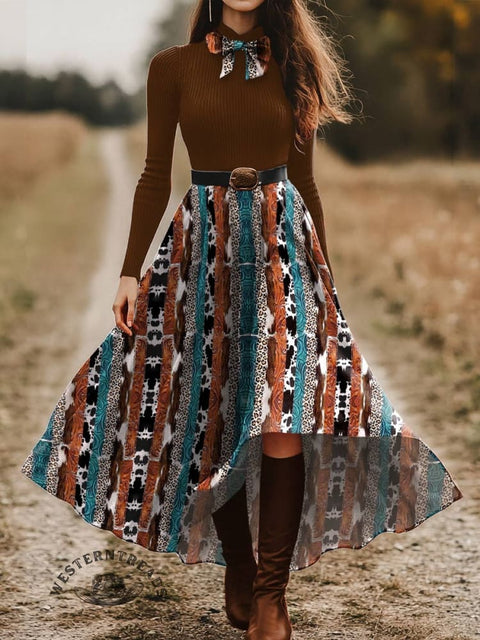Women's Classic West Print Skirt and Long-sleeve Tops Two-Piece Suit