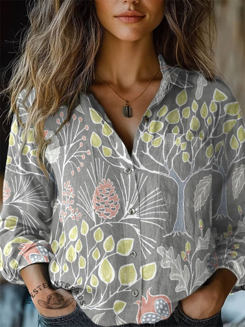 Women's Plant Print Casual Long Sleeve Comfortable Cotton Shirt
