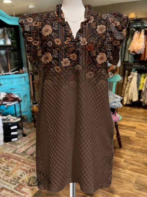 Women's Floral Print V-Neck Button Pocket Cotton Dress