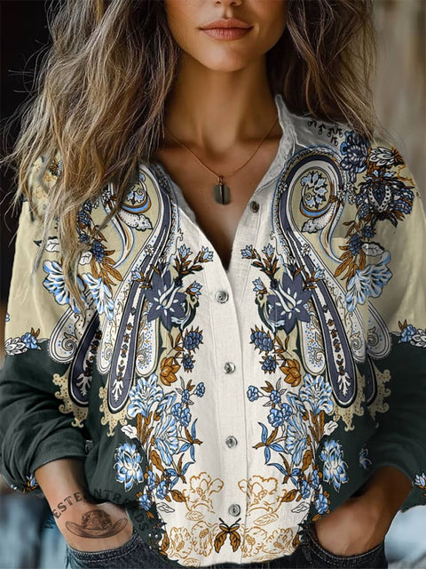Women's Paisley Flower Print Casual Long Sleeve Comfortable Cotton Shirt