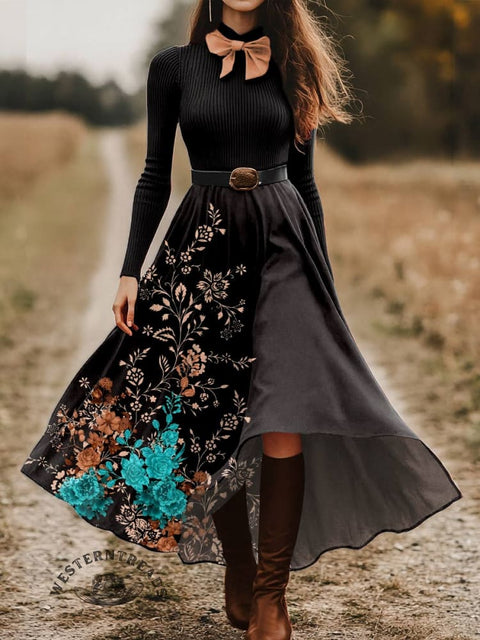Women's Flower Print Skirt and Long-sleeve Tops Two-Piece Suit