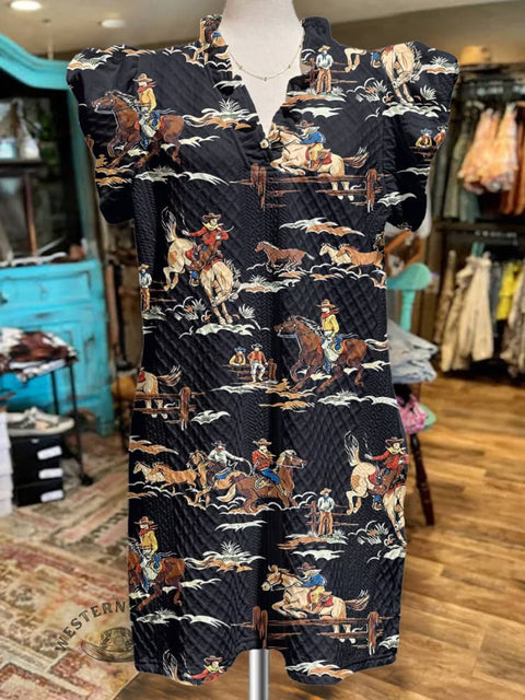 Women's Classic West Print V-Neck Button Pocket Cotton Dress