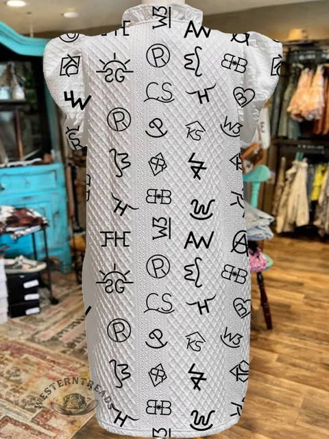 Women's Cattle Brands Print V-Neck Button Pocket Cotton Dress