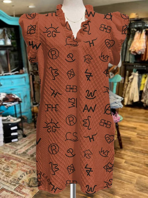 Women's Cattle Brands Print V-Neck Button Pocket Cotton Dress