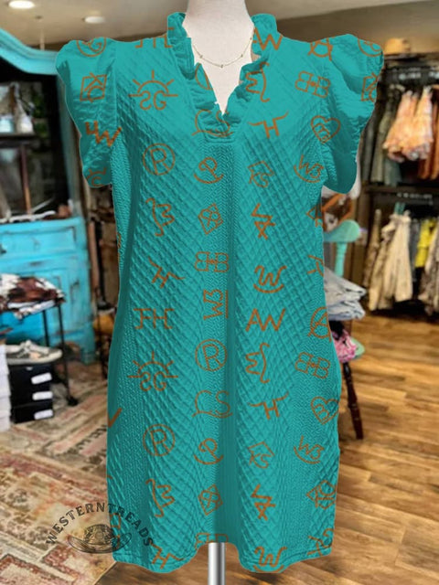 Women's Cattle Brands Print V-Neck Button Pocket Cotton Dress