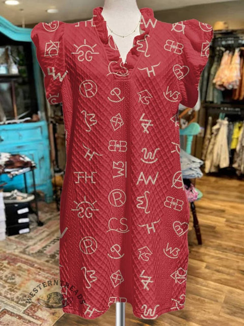 Women's Cattle Brands Print V-Neck Button Pocket Cotton Dress
