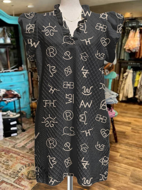 Women's Cattle Brands Print V-Neck Button Pocket Cotton Dress