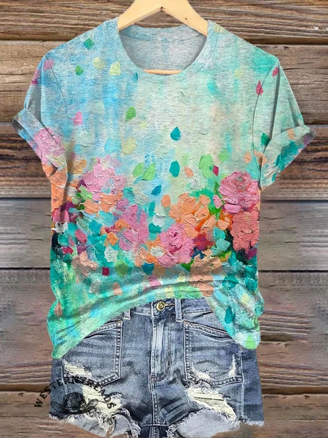 Elegant Floral Oil Painting Print Casual T-Shirt