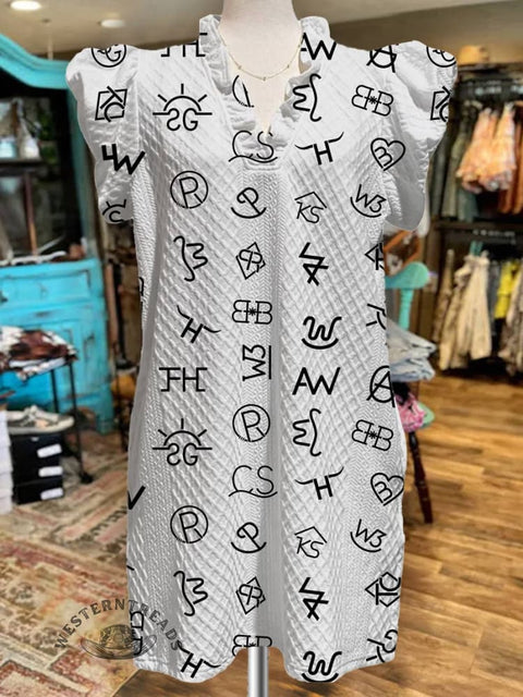 Women's Cattle Brands Print V-Neck Button Pocket Cotton Dress