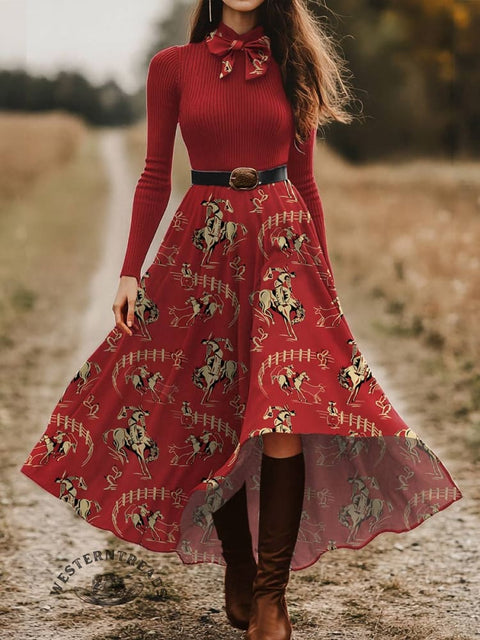 Women's Rodeo Print Skirt and Long-sleeve Tops Two-Piece Suit
