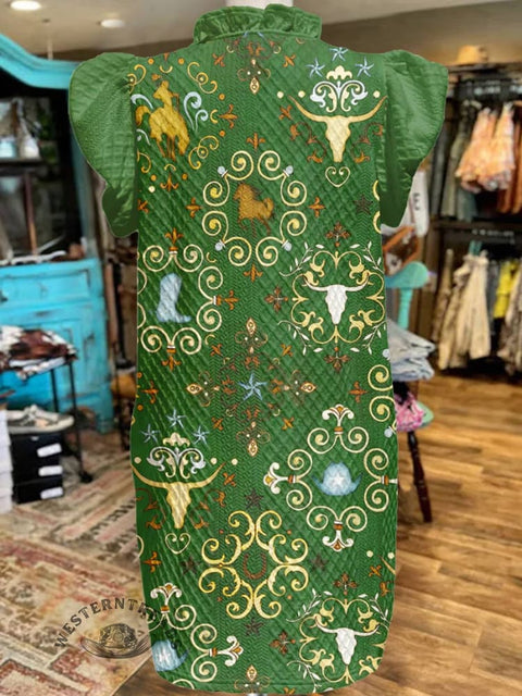 Women's Classic West Print V-Neck Button Pocket Cotton Dress
