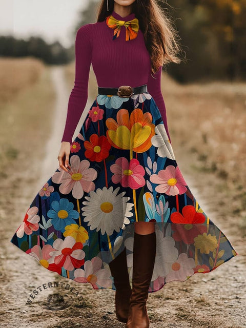 Women's Flower Print Skirt and Long-sleeve Tops Two-Piece Suit