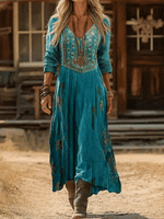 Vintage Print Casual V-neck Dress