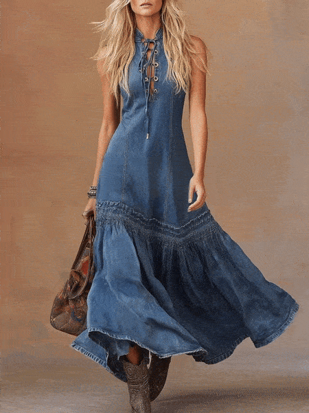 Women's Vintage Tie-neck Sleeveless Denim Maxi Dress
