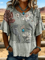 Vintage Art Hollowed Out Lace Patchwork T-Shirt
