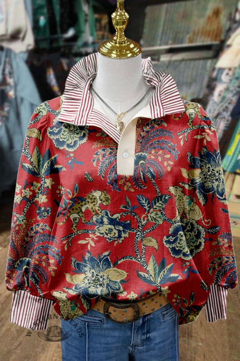 Vintgae Floral Print Striped Collar Top