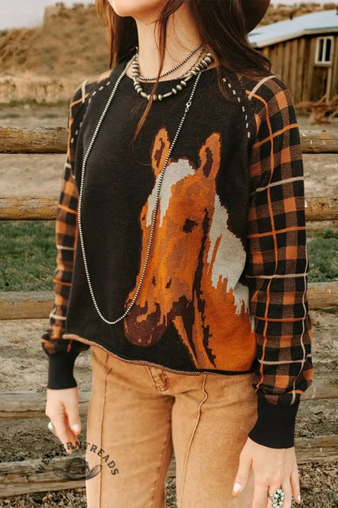 Orange Plaid Horse Sweater