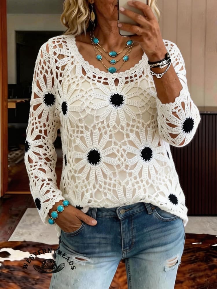 Vintage Western Art Soft Casual Crocheted Flowers Shirt