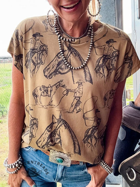 Retro Western Art Print Casual Short Sleeve T-shirt