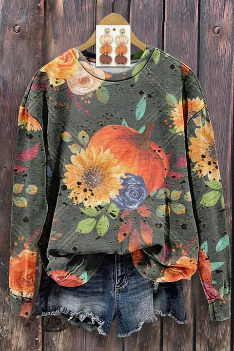 Halloween Pumpkin Floral Print Long Sleeve Sweatshirt