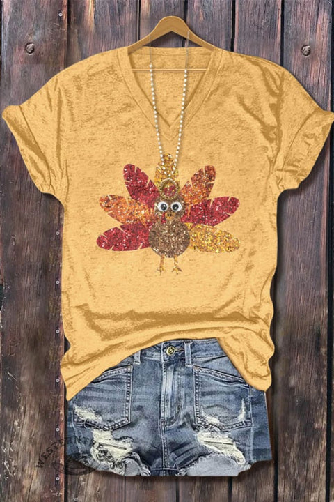 Turkey Print V-Neck T-shirt