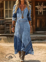 Vintage Print Casual V-neck Dress