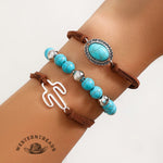 Western Cowboy Style Cactus Decor Turquoise Beaded Bracelet Set