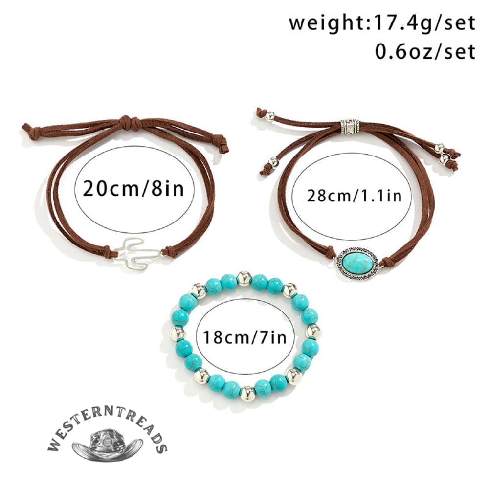 Western Cowboy Style Cactus Decor Turquoise Beaded Bracelet Set