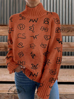 Western Cattle Brands Print Knit Turtleneck Pullover Sweater
