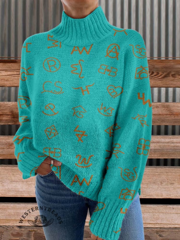 Western Cattle Brands Print Knit Turtleneck Pullover Sweater