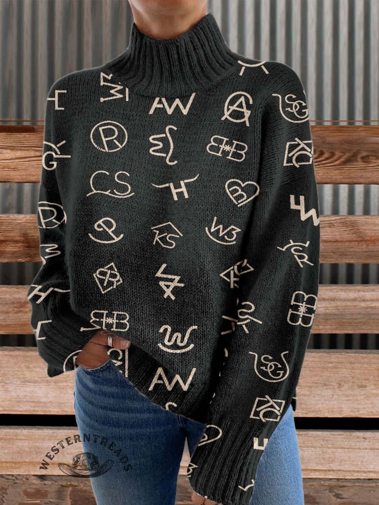 Western Cattle Brands Print Knit Turtleneck Pullover Sweater