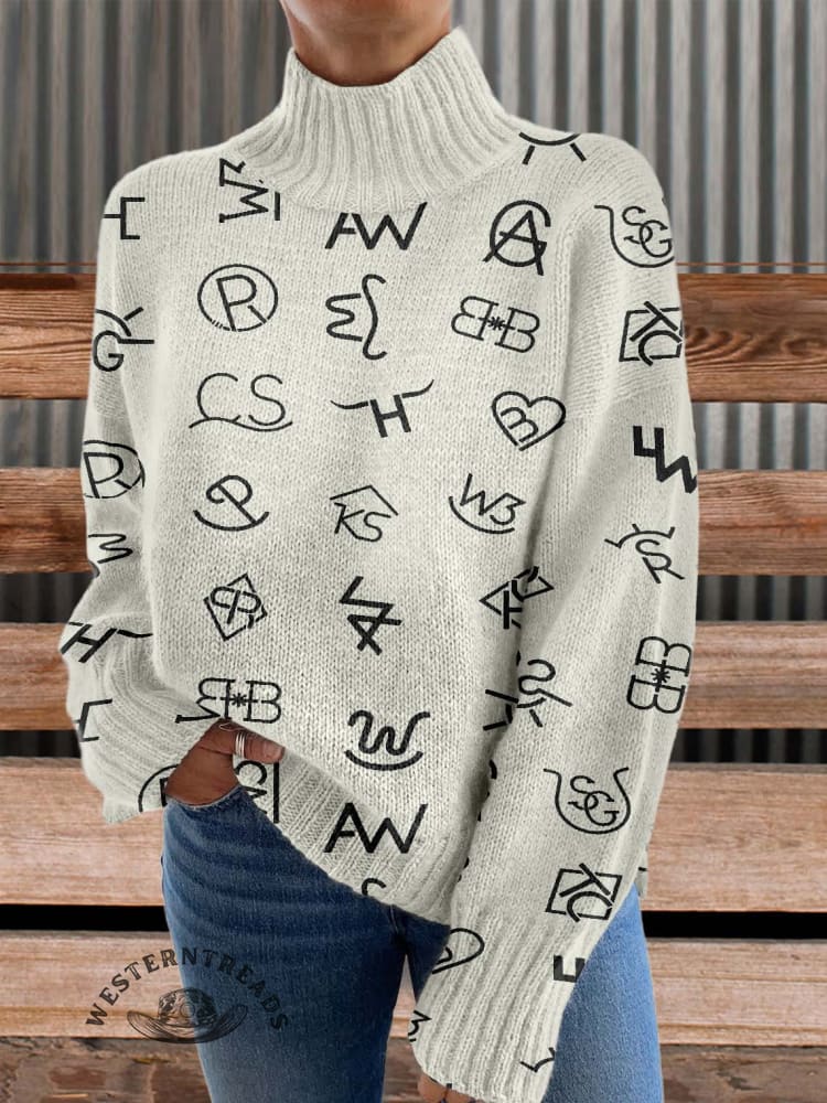 Western Cattle Brands Print Knit Turtleneck Pullover Sweater