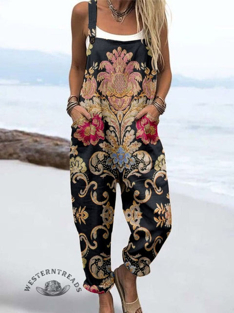 Women's Retro Floral Pattern Print Casual Cotton Wide Leg Jumpsuit