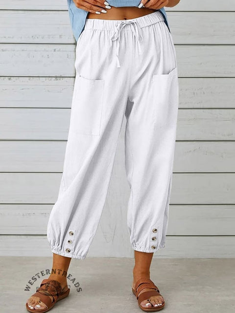 Solid Color Casual With Pocket Buttons Cotton Linen Trousers Pants