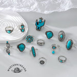 14PCS Turquoise Cactus Carved Ring Set