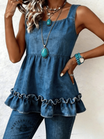 Women's Sleeveless Square Neck Ruffled Denim Top