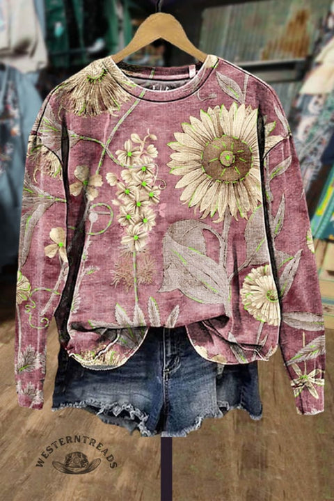 Vintage Floral Print Crew Neck Sweatshirt