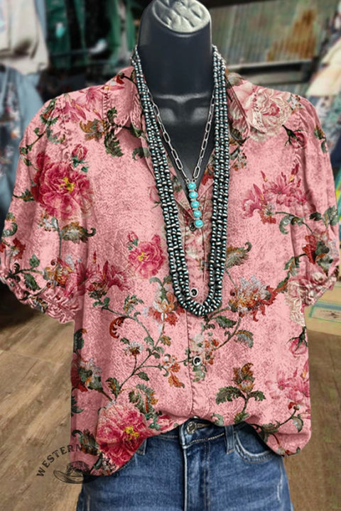 Sweet Floral Print Puff Sleeve Top