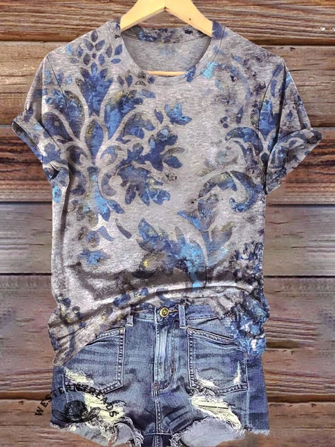 Retro Blue Pattern Texture Print Casual T-Shirt