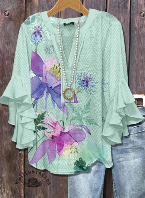 Asymmetric Floral Print Ruffle Sleeve Top
