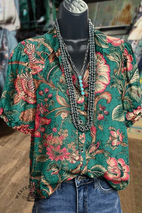 Chic Floral Print Collared Puff Sleeve Top