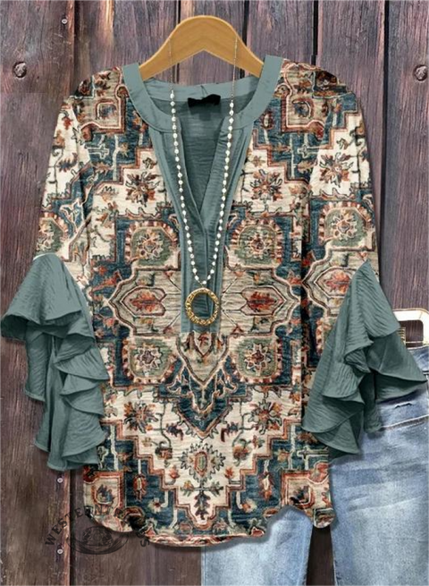 Vintage Print Ruffle Sleeve Top